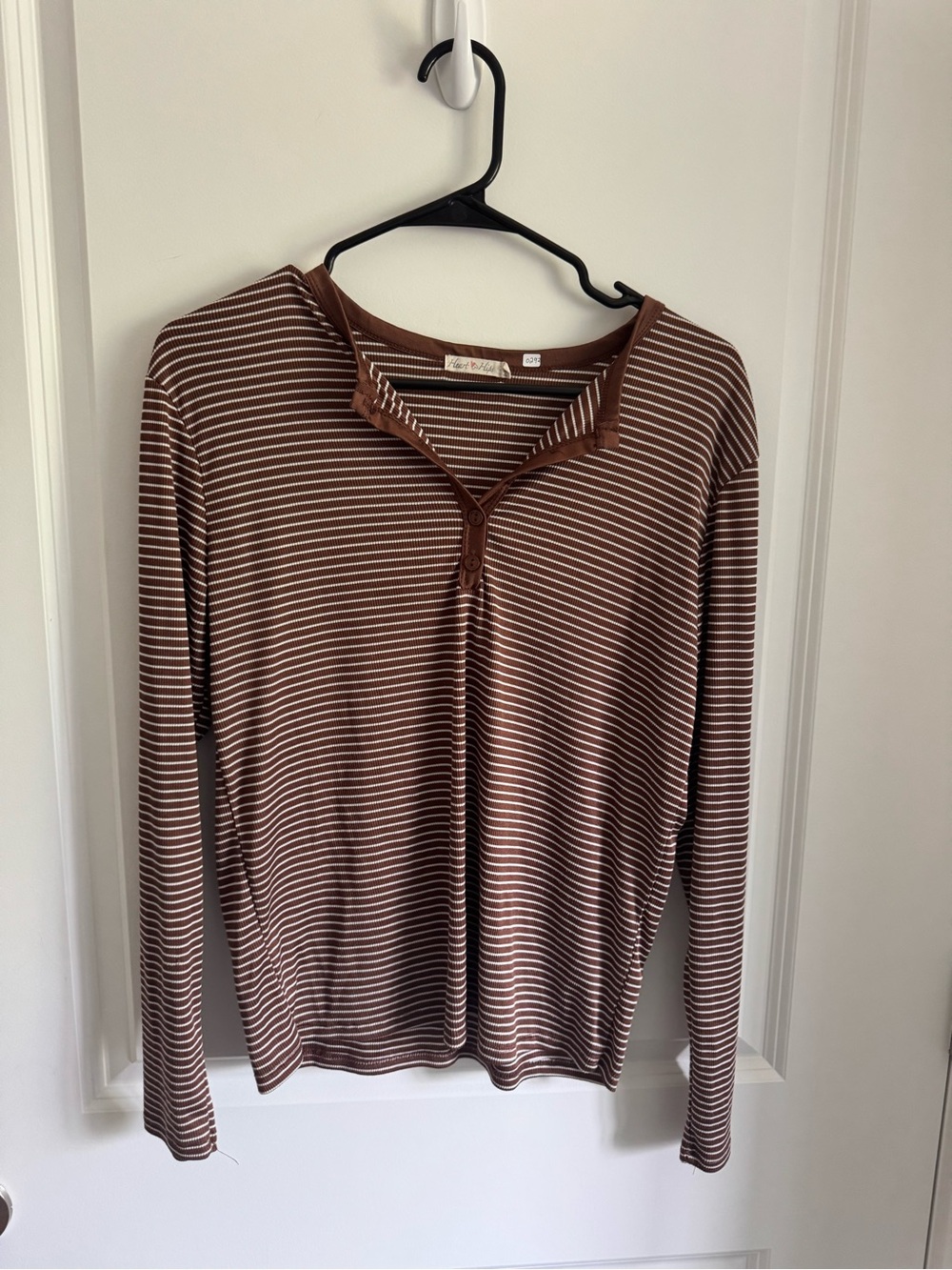 Heart Hips Brown and Cream Striped Henley Long Sleeve Top